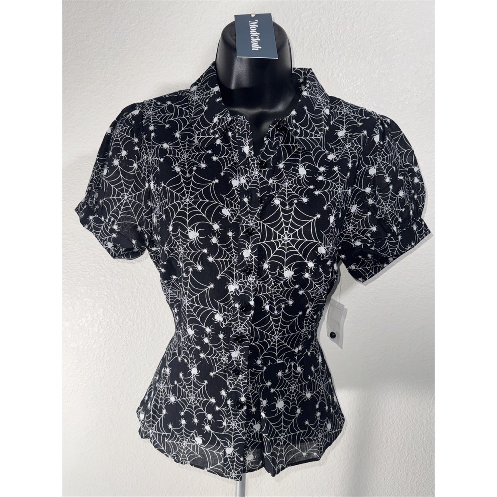 Modcloth XS Spider Web 🕸️ Peplum Top Blouse Whimsigoth Shirt Gothic Witchy NWT